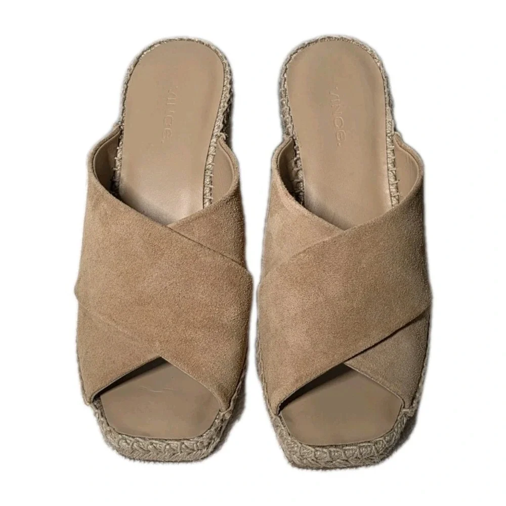 Vince Espadrille Wedge Sandal Size 6 M Suede Leather Tan